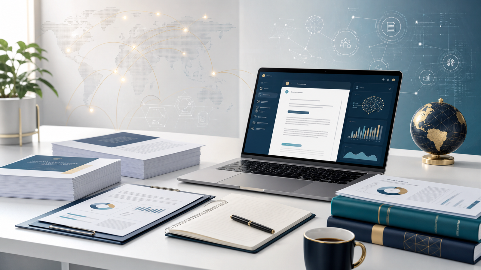 Professional research and technical writing workspace with documents, laptop, and workflow visuals