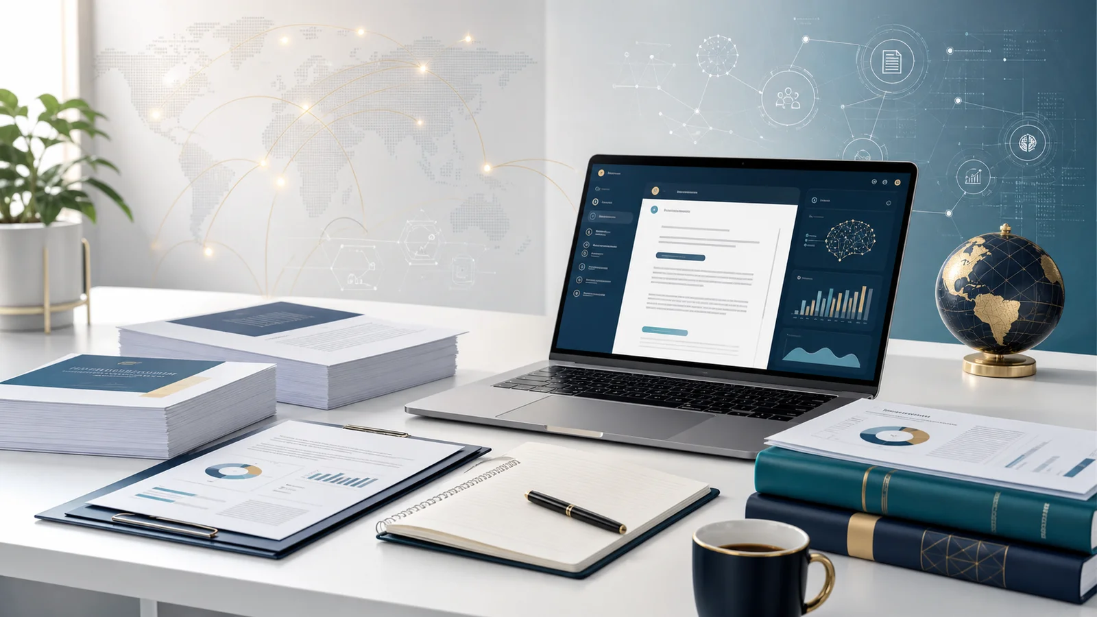 Professional research and technical writing workspace with documents, laptop, and workflow visuals